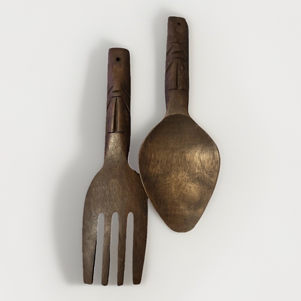 Vintage MCM‎ Wall Hanging Large Wooden Spoon and Fork Set Totem 12" Long
